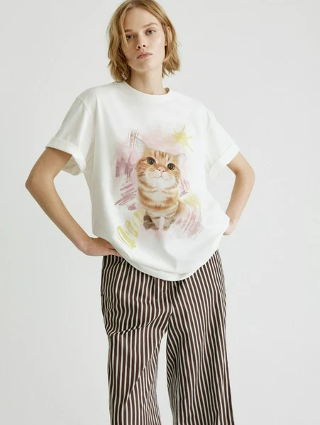 Домашняя футболка оверсайз с принтом, белый, арт. 31709