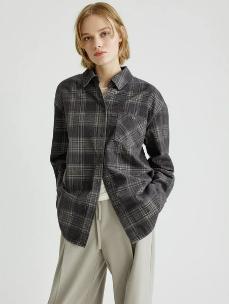 Рубашка оверсайз из вельвета в клетку, серый, арт. 31729