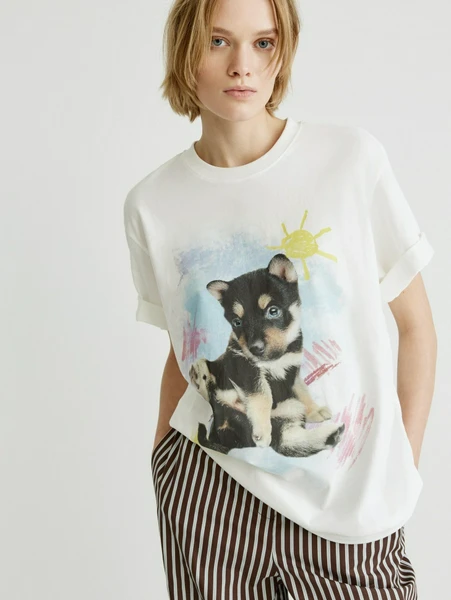 Домашняя футболка оверсайз с принтом, белый, арт. 31742