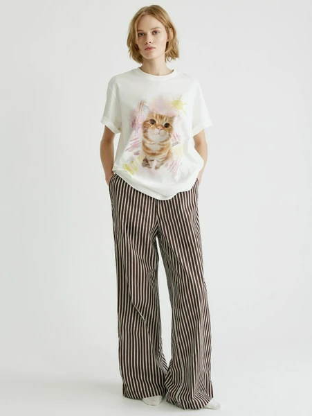 Домашние брюки из хлопка в полоску, коричневый, арт. 31750