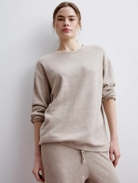 Домашний лонгслив из вафельного трикотажа, бежевый, арт. 31762