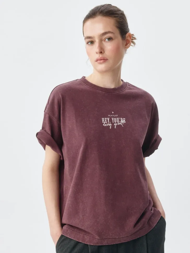Футболка оверсайз с принтом и эффектом стирки, бордовый, арт. 3204