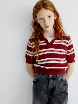 Вязаное поло с вышивкой, бордовый, арт. 32040