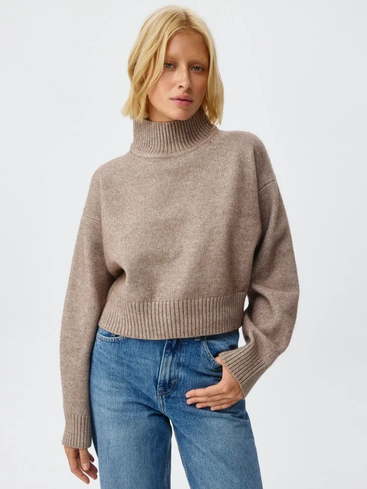 Укороченный вязаный джемпер с содержанием шерсти, бежевый, арт. 3214