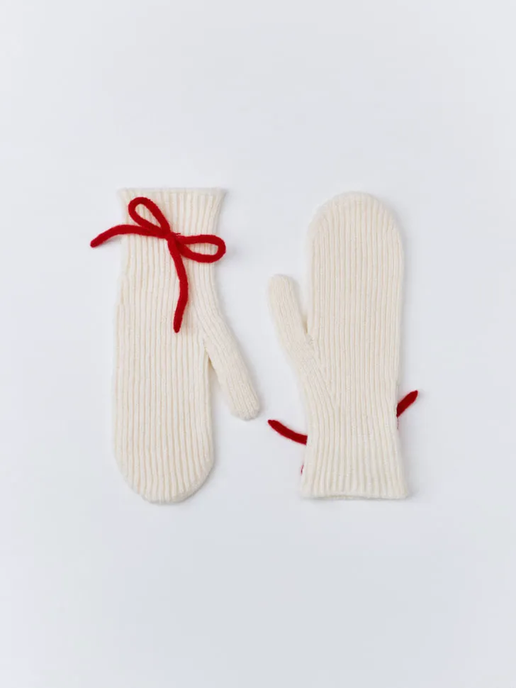 Вязаные варежки с красным бантиком, белый, арт. 3262