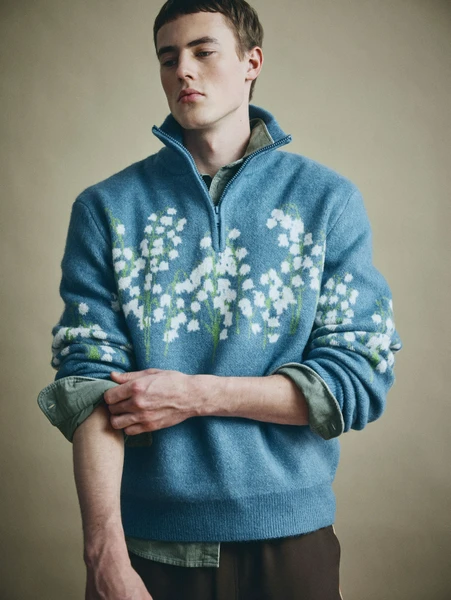 Жаккардовый джемпер Sela Regular Fit с воротом на молнии, голубой, арт. 32646