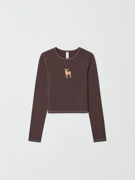 Укороченный лонгслив Sela с вышивкой, коричневый, арт. 32933