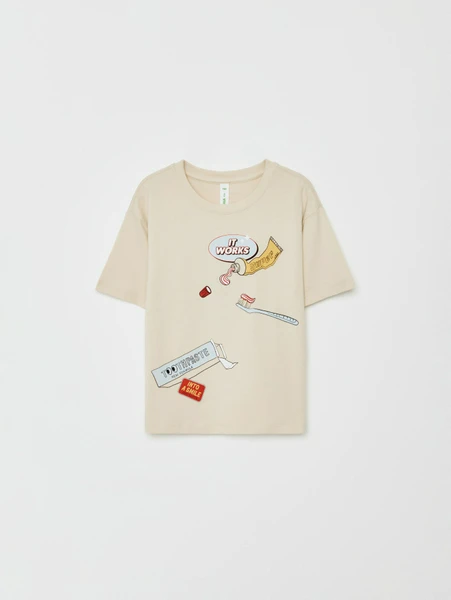 Футболка оверсайз Sela для девочек с принтом, бежевый, арт. 33165