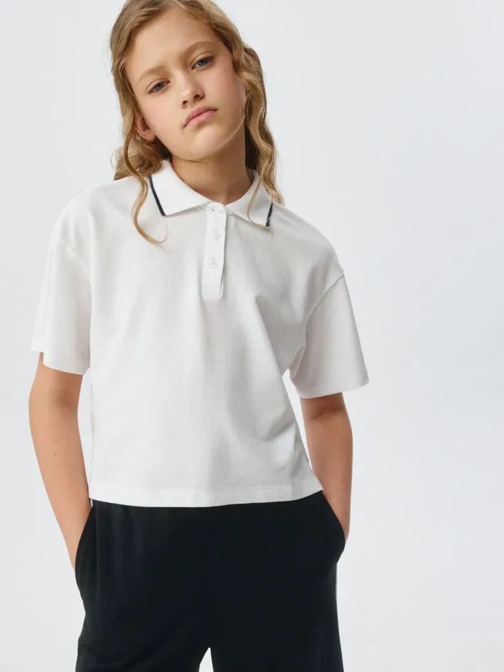 Поло оверсайз с короткими рукавами для девочек, белый, арт. 3325