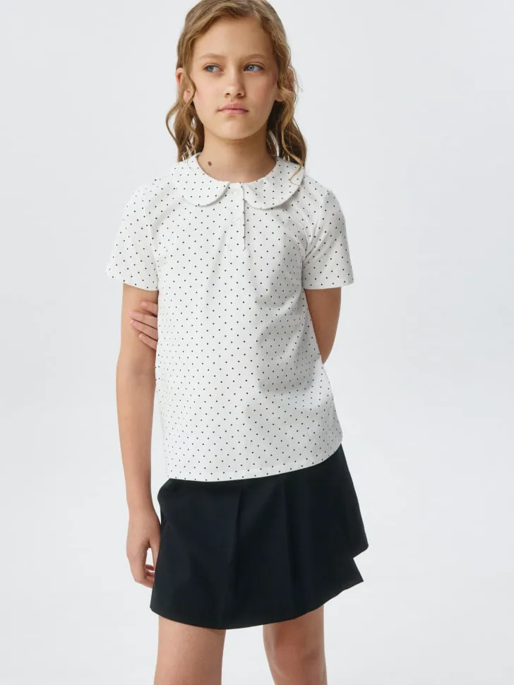 Трикотажная футболка с воротником для девочек, белый, арт. 3326