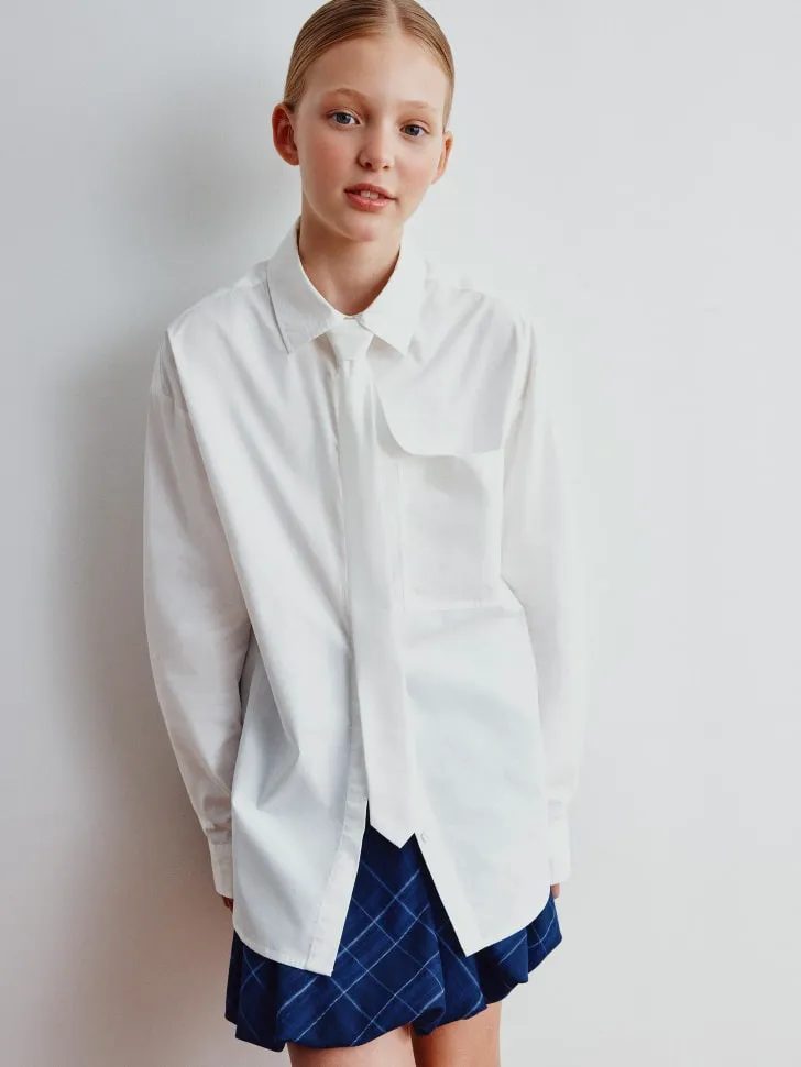 Удлиненная рубашка с галстуком для девочек, белый, арт. 3328