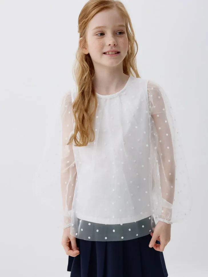 Блузка из сетки в горошек для девочек, белый, арт. 3341