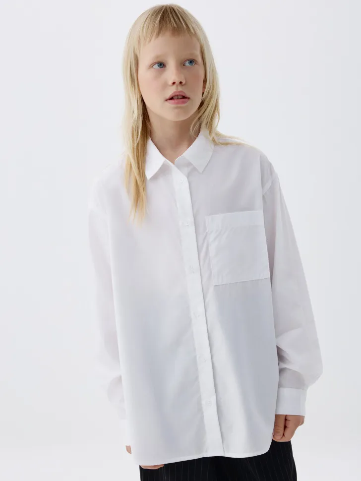 Удлиненная рубашка из смесового модала для девочек, белый, арт. 3343