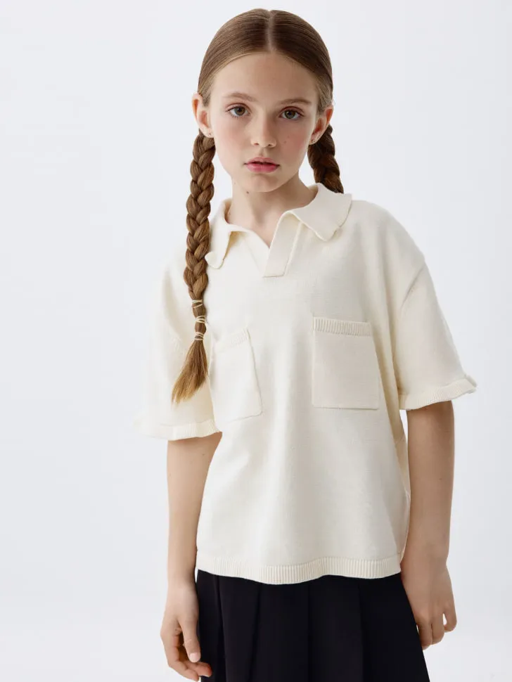 Вязаное поло для девочек, белый, арт. 3369