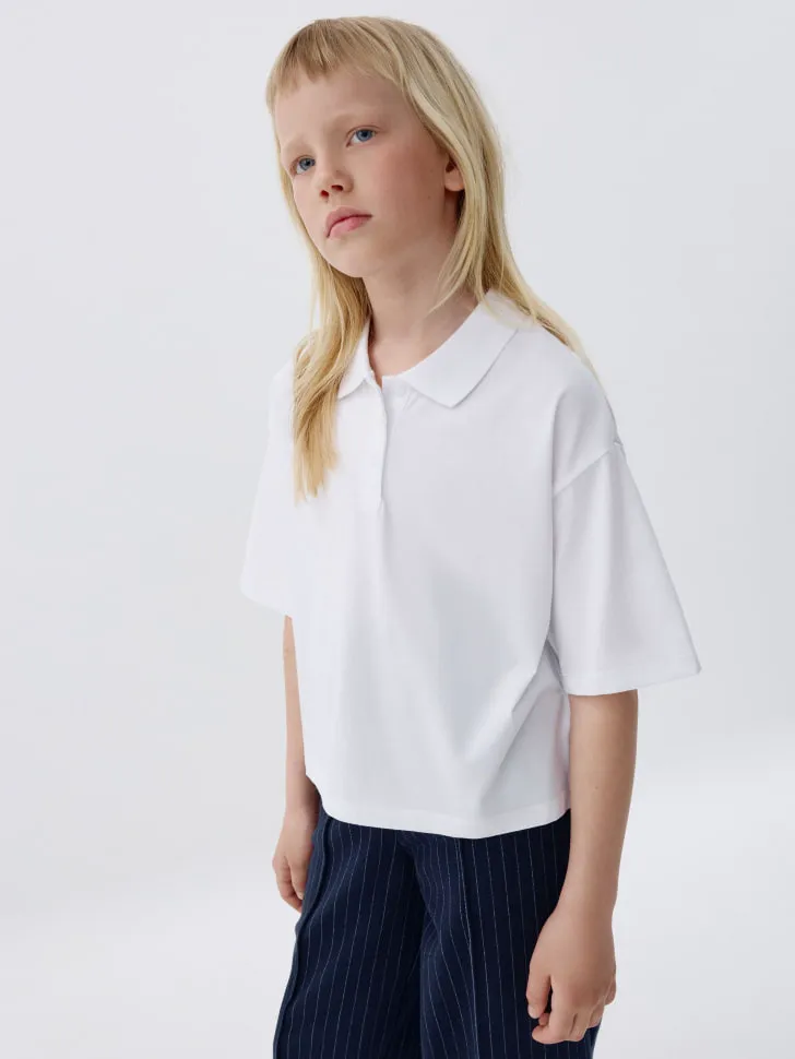 Поло оверсайз с короткими рукавами для девочек, белый, арт. 3380