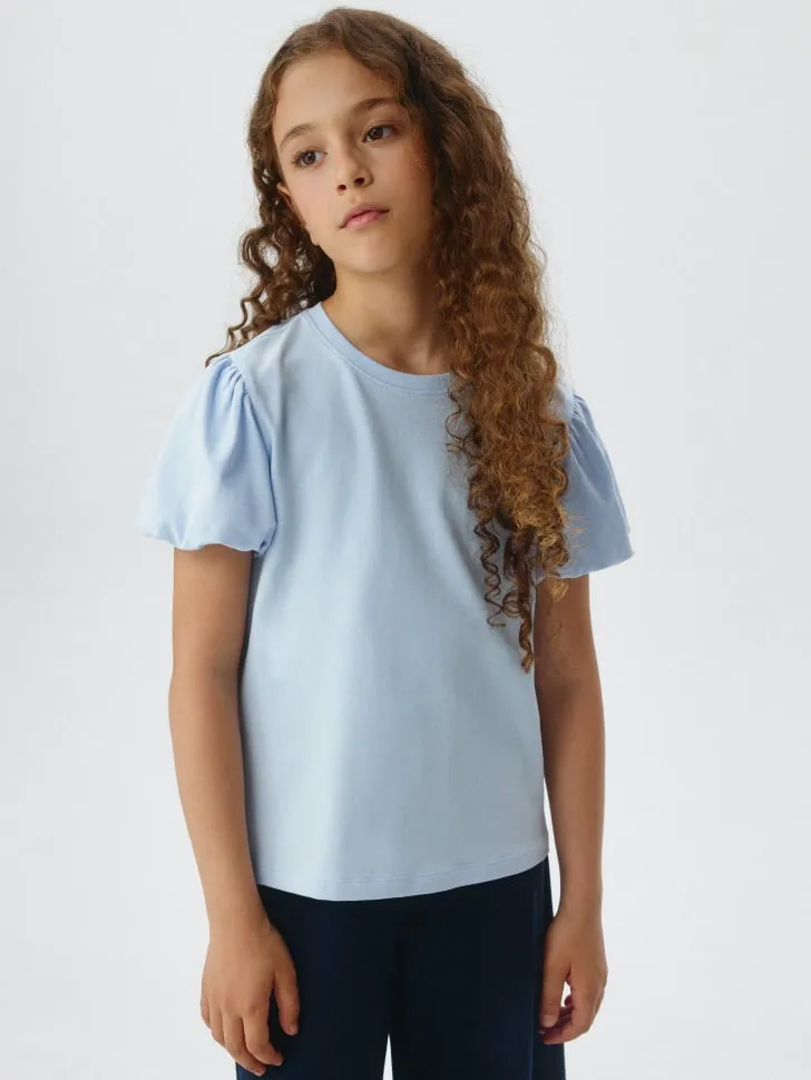 Футболка с пышными рукавами для девочек, голубой, арт. 3386