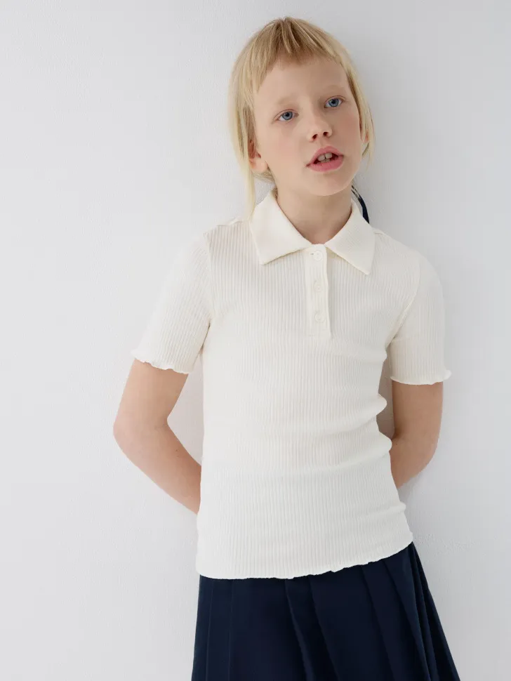 Поло в рубчик с короткими рукавами для девочек, белый, арт. 3388