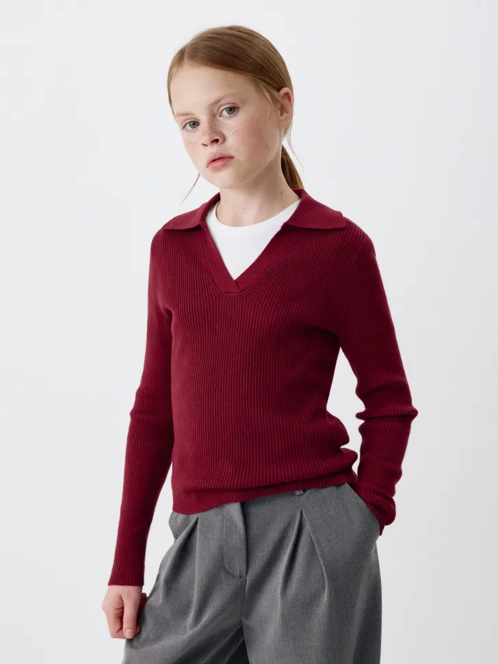 Вязаный джемпер с воротником для девочек, бордовый, арт. 3394