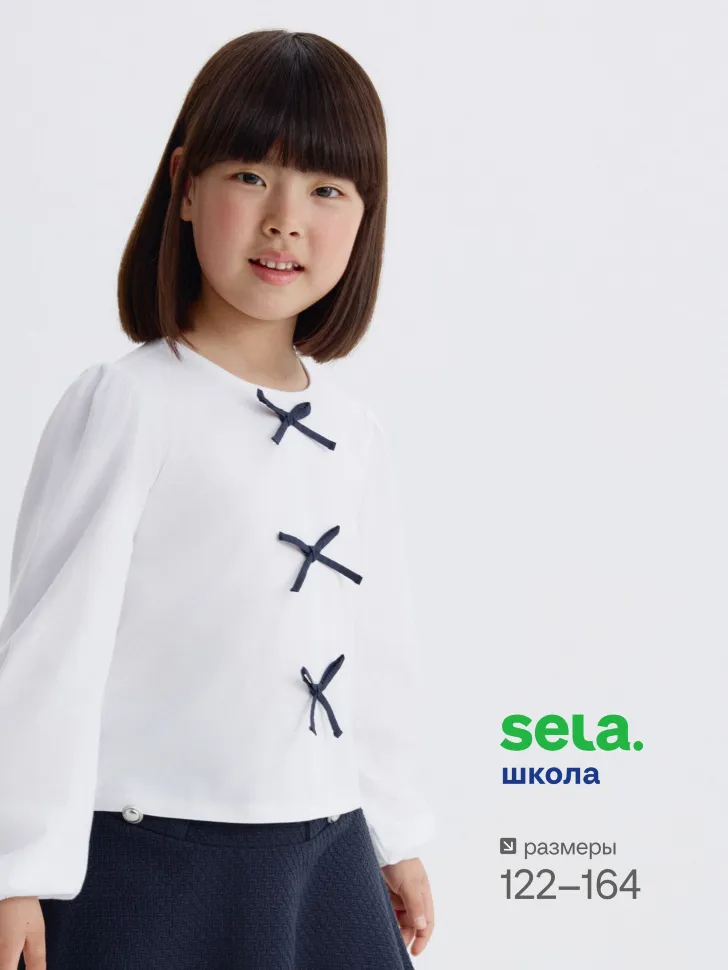 Трикотажная блузка с бантиками для девочек, белый, арт. 3397