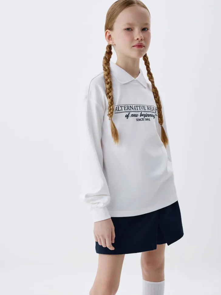 Лонгслив с воротником для девочек, белый, арт. 3405