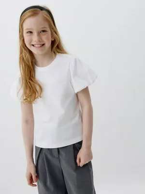 Футболка с пышными рукавами для девочек, белый, арт. 3413