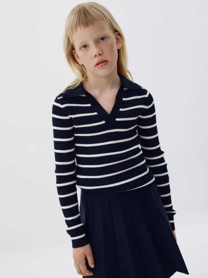 Вязаный джемпер в полоску для девочек, синий, арт. 3417