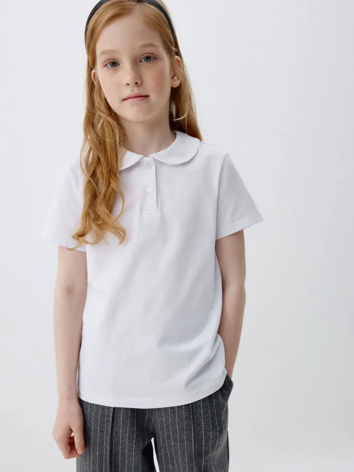 Трикотажная футболка с воротником для девочек, белый, арт. 3438