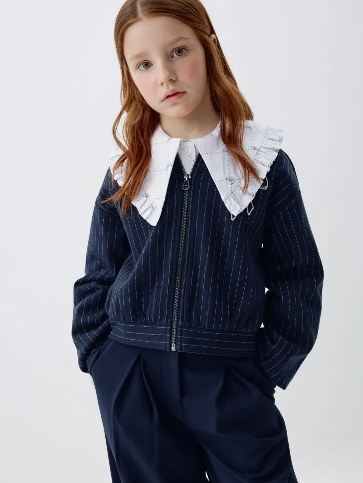 Трикотажный бомбер в полоску для девочек, синий, арт. 3440