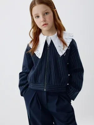 Трикотажный бомбер в полоску для девочек, синий, арт. 3440