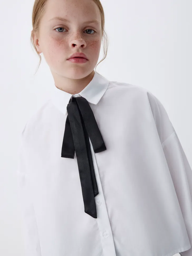 Укороченная блузка из смесового модала для девочек, белый, арт. 3441