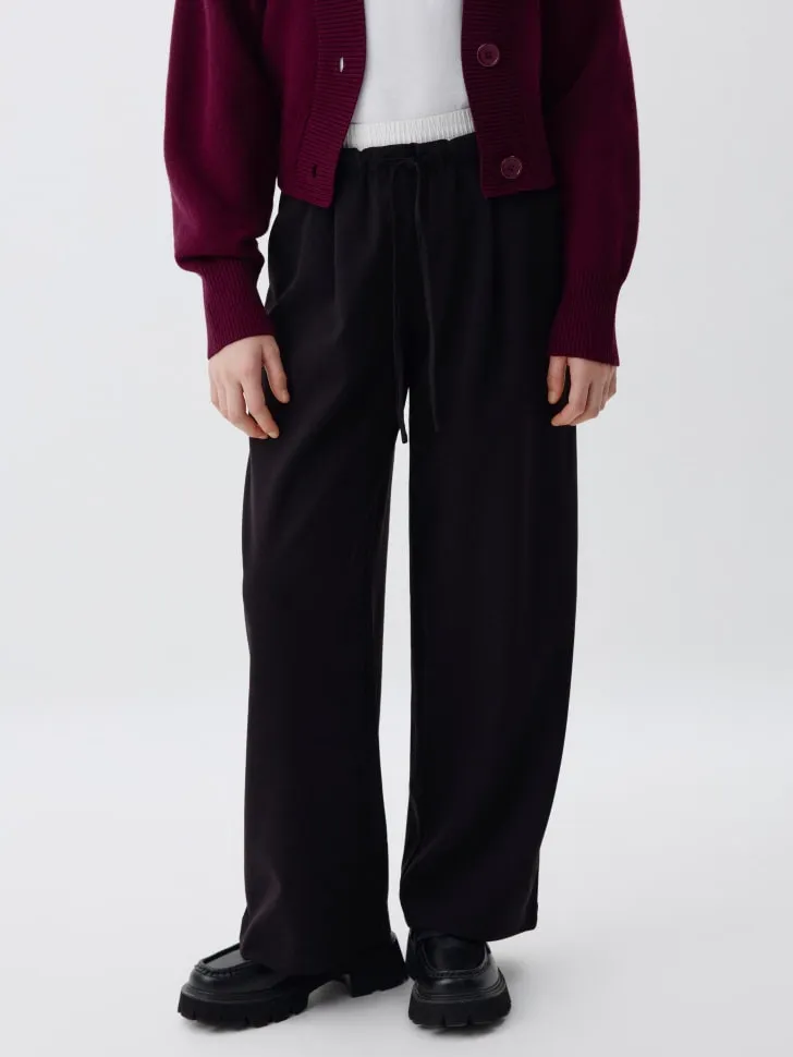 Широкие брюки с двойным поясом для девочек, черный, арт. 3442