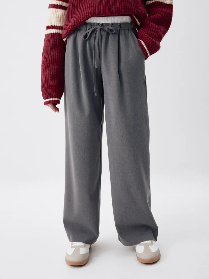 Широкие брюки с двойным поясом для девочек, серый, арт. 3445