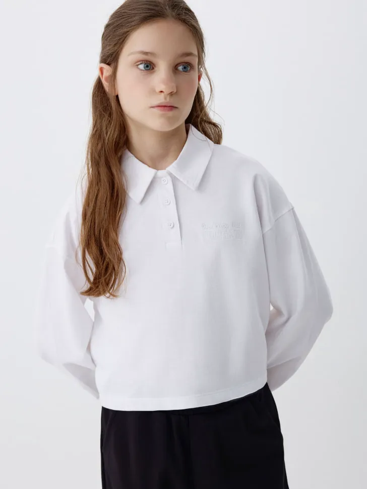 Укороченное поло с длинным рукавом для девочек, белый, арт. 3452