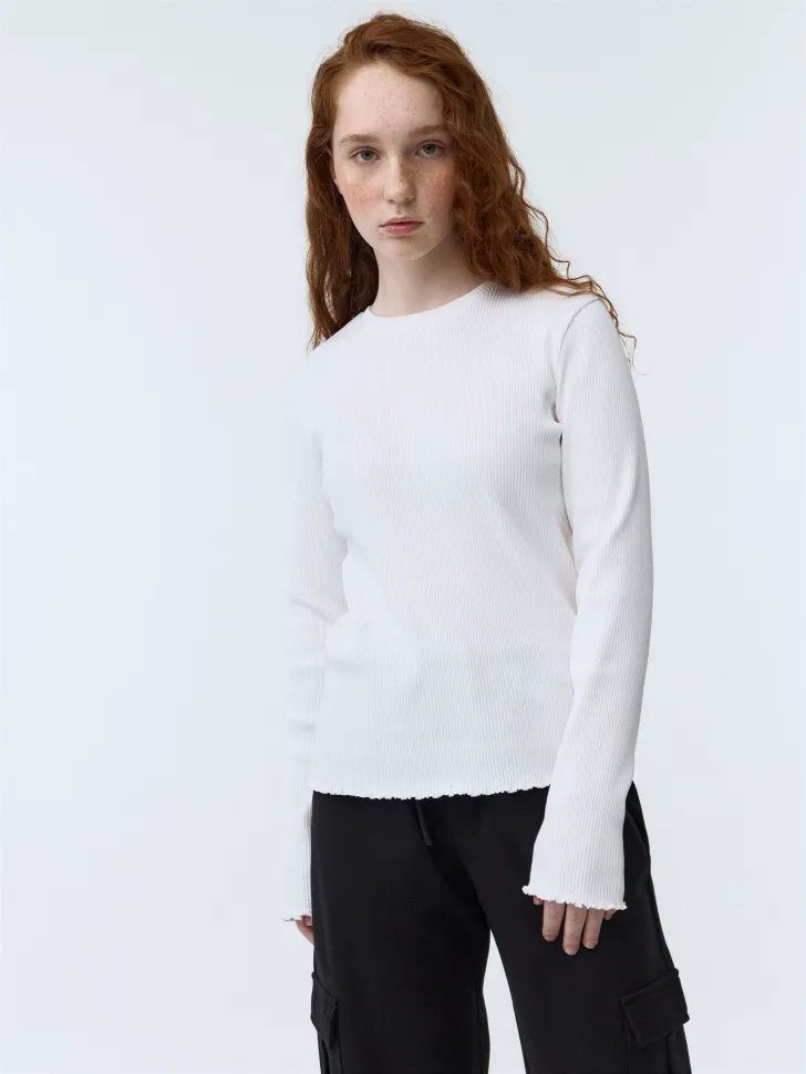 Трикотажный лонгслив в рубчик для девочек, белый, арт. 3524