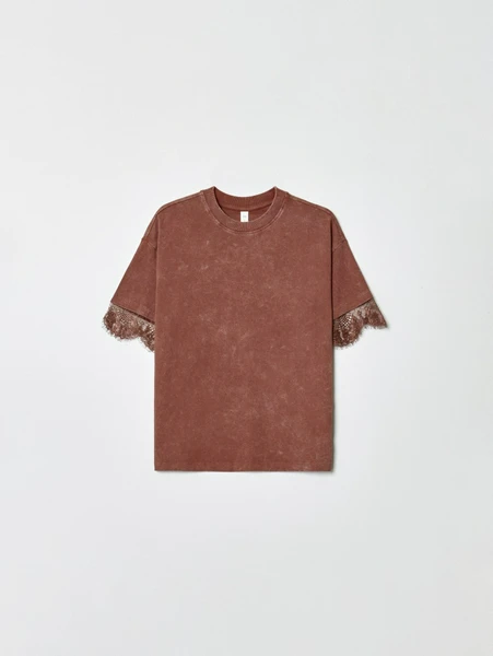 Футболка SELA оверсайз с кружевом для девочек, коричневый, арт. 36280