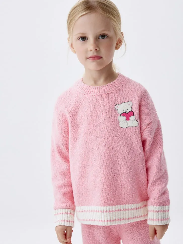 Вязаный джемпер оверсайз с вышивкой для девочек, розовый, арт. 3702