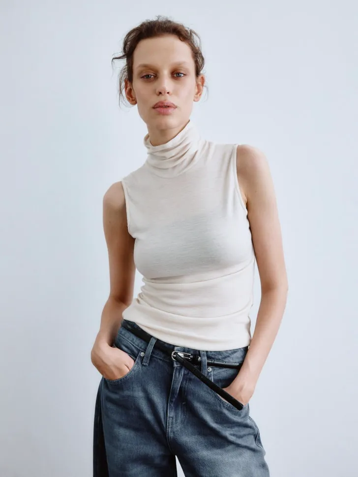 Топ с высоким горлом из 100% шерсти, бежевый, арт. 3751