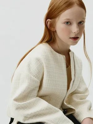 Бомбер твидовый оверсайз SELA для девочек, белый, арт. 38299