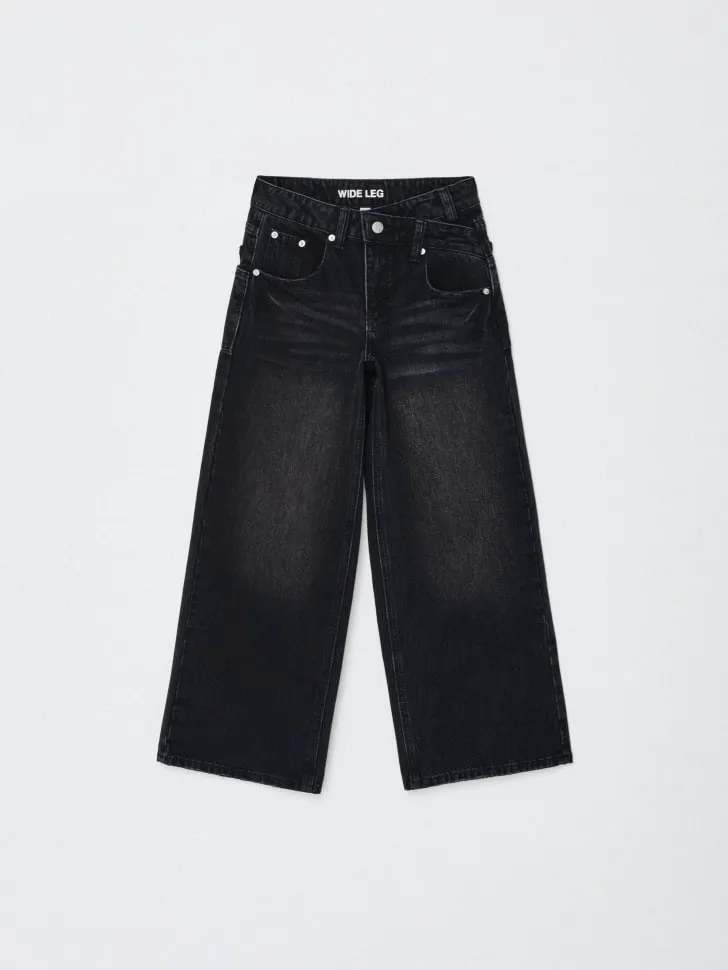 Джинсы Wide Leg с ассиметричным поясом для девочек, черный, арт. 3856