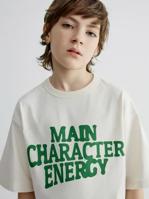 Футболка SELA оверсайз с принтом MAIN CHARACTER ENERGY для мальчиков, бежевый, арт. 38800