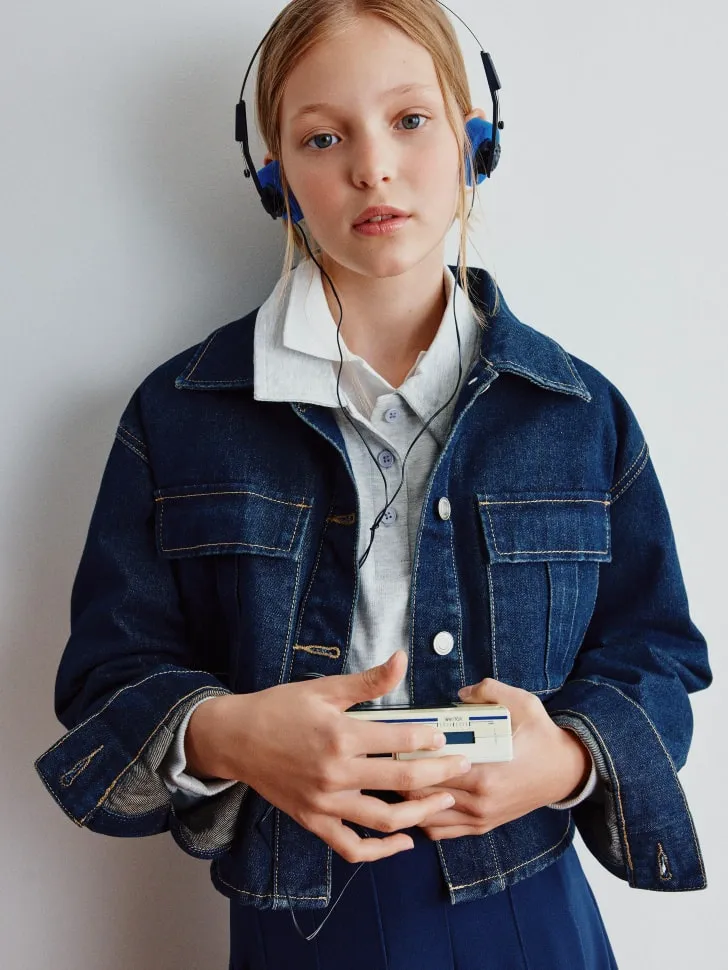 Укороченная джинсовая куртка для девочек, синий, арт. 3915