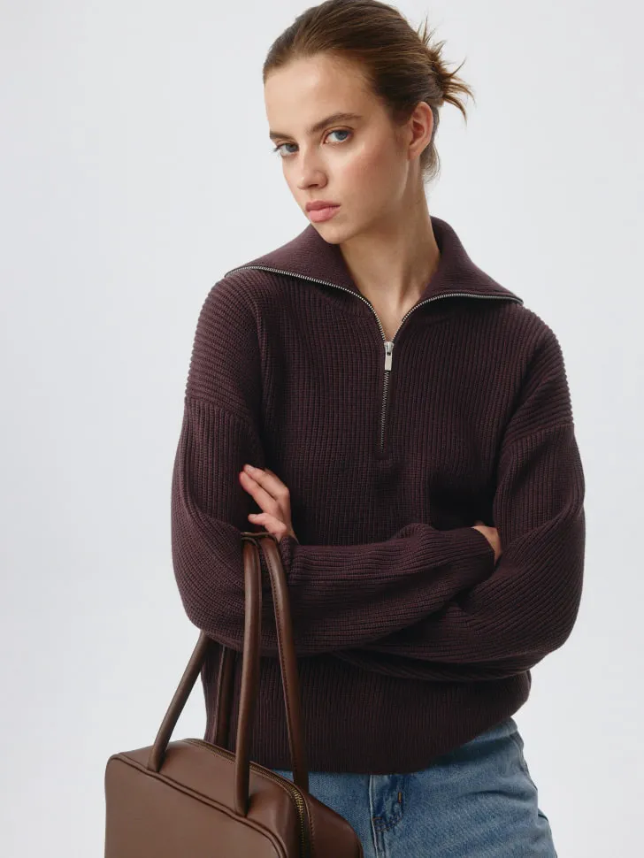 Вязаный джемпер с воротником-стойкой на молнии, бордовый, арт. 3958