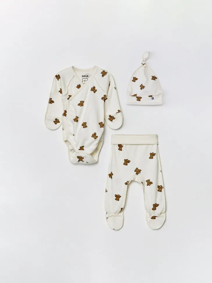 Комплект из шапки, боди и ползунков для малышей, бежевый, арт. 3969