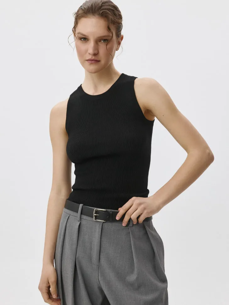 Вязаный топ в рубчик, черный, арт. 4007