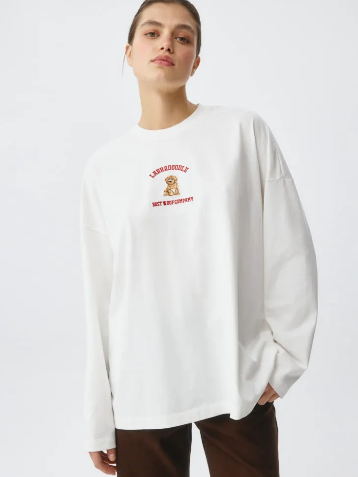 Лонгслив оверсайз с принтом и вышивкой, белый, арт. 4061