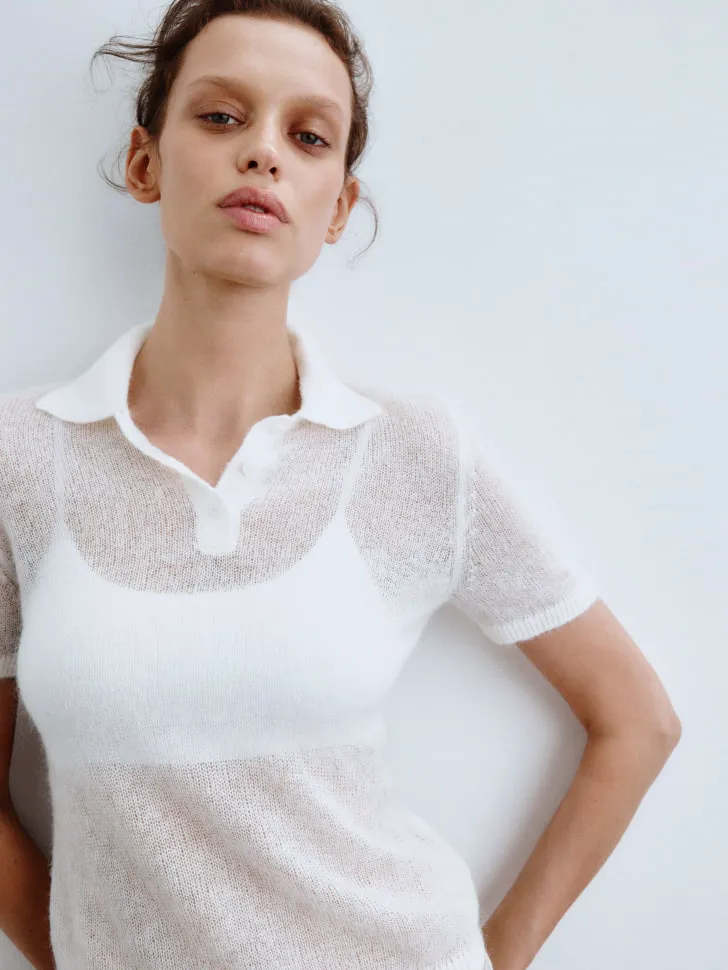 Вязаное поло с содержанием шерсти и мохера, белый, арт. 4064