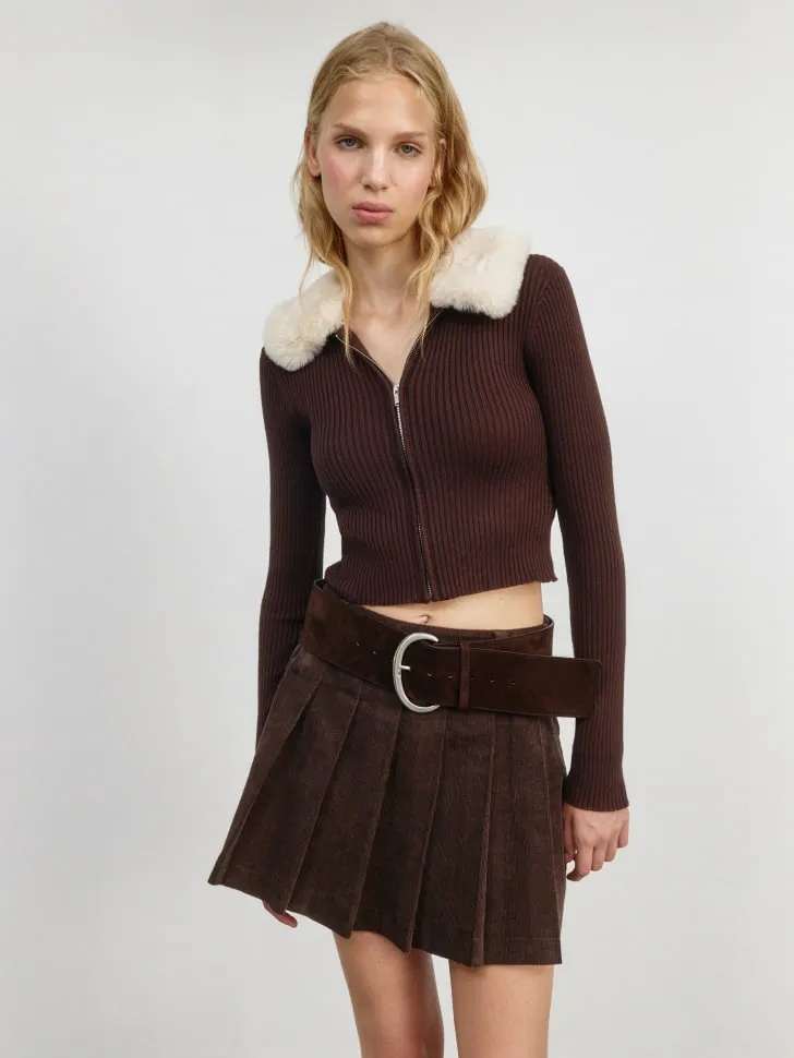 Джемпер с меховым воротником, коричневый, арт. 4104