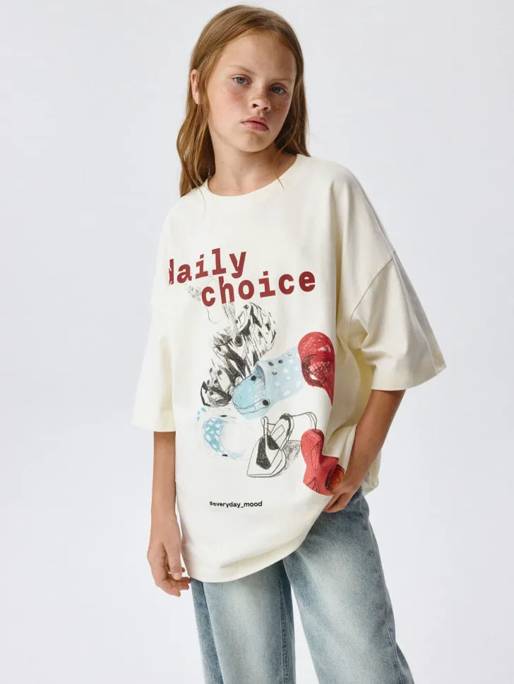 Футболка оверсайз с принтом для девочек, бежевый, арт. 4202