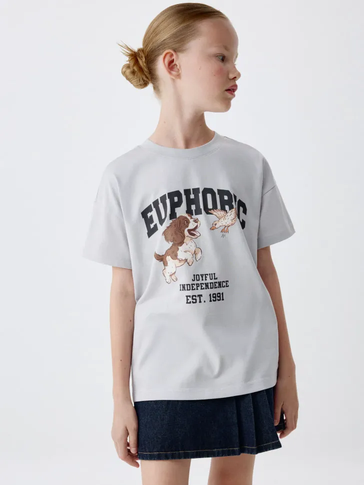 Футболка оверсайз с принтом для девочек, серый, арт. 4210