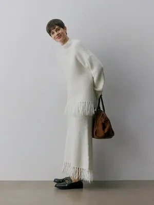 Юбка SELA вязаная макси с бахромой, белый, арт. 42287